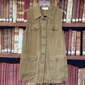 Vintage 90s Cache Brown Utility Shirt Dress Size S Sleeveless Safari Pockets